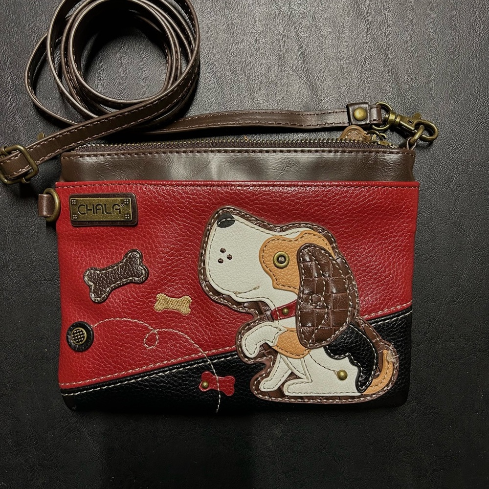 NWT Chala Beagle Dog Crossbody Handbag Cell Phone Zip Burgundy